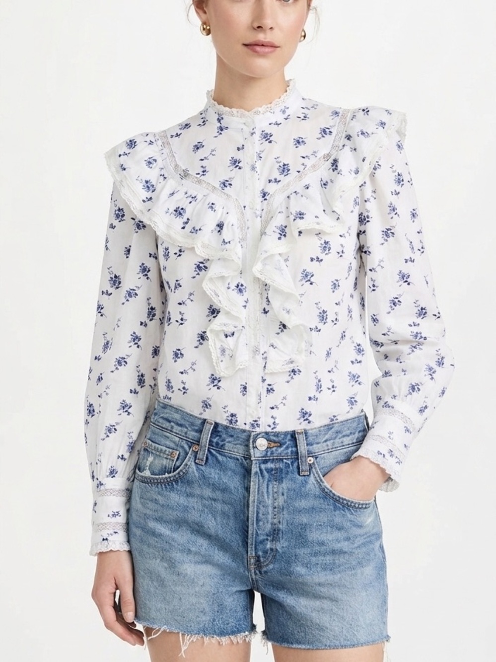 Andion White and Blue Ruffled‎ Bib Lace Collar Blouse Floral